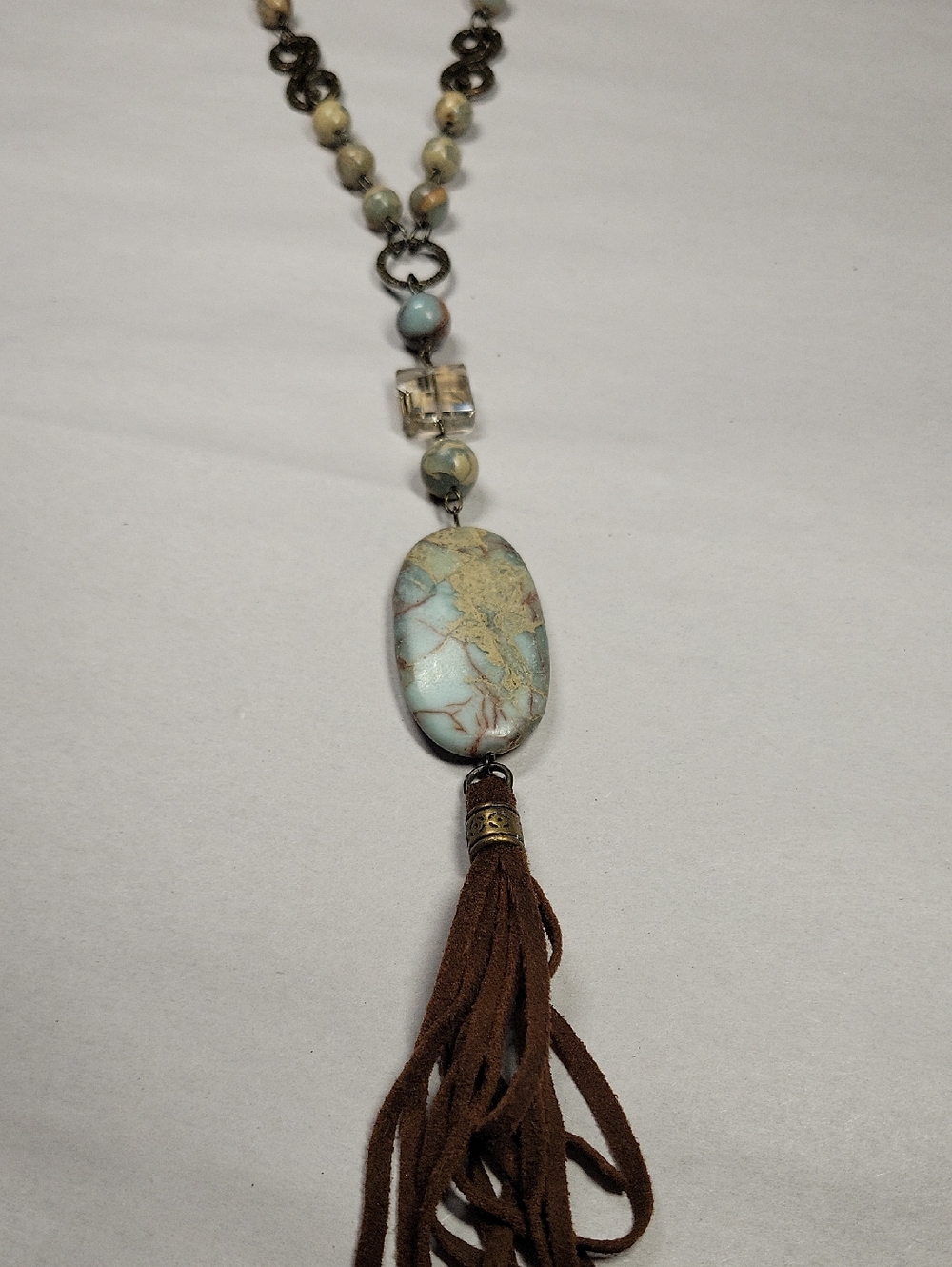 Carol Su Boho Blue Cream and Brown Oval Stone Tassel Necklace - Picture 9 of 15